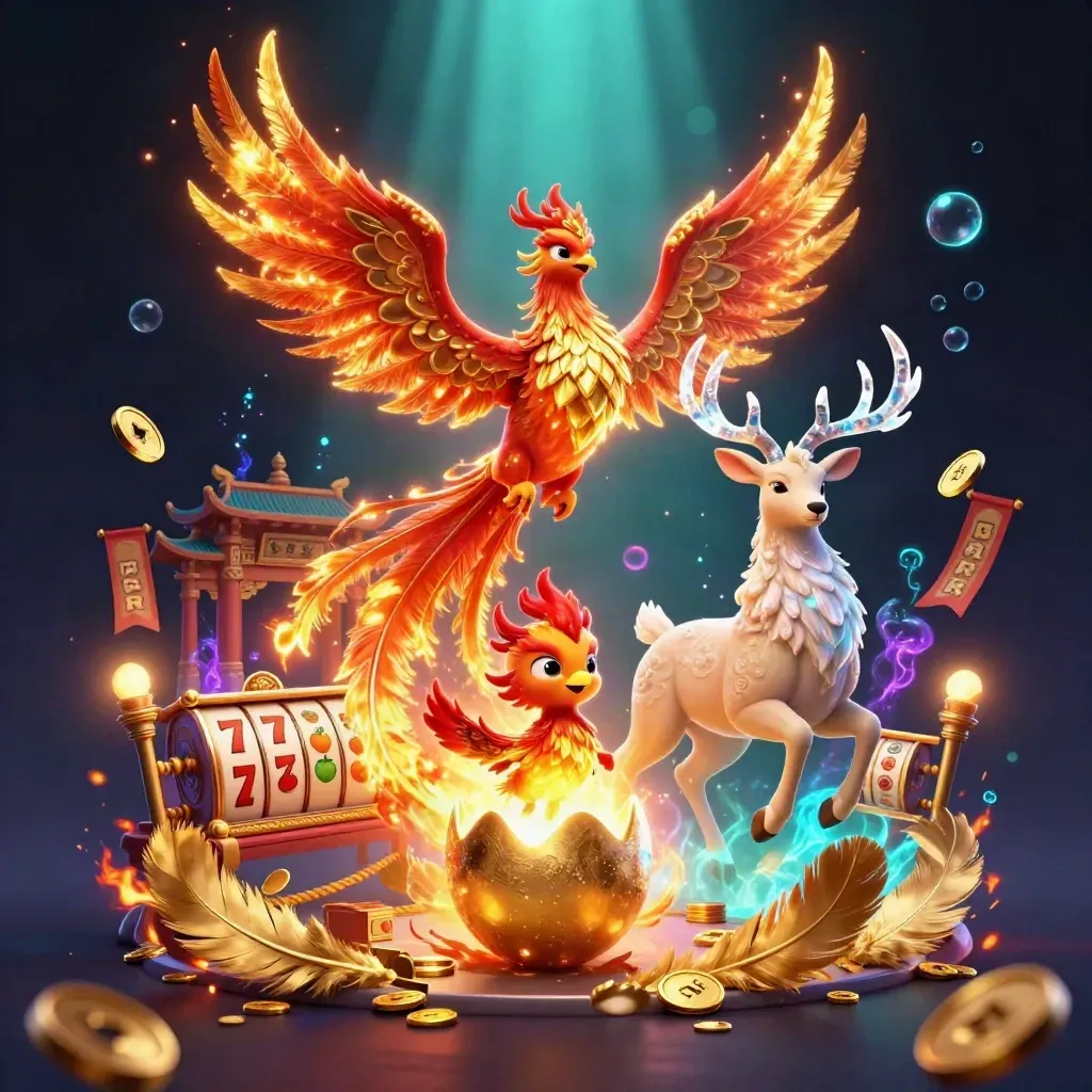 Phoenix, hatchling, and crystalline stag amid casino props, coins, cyan glow, and temple ruins