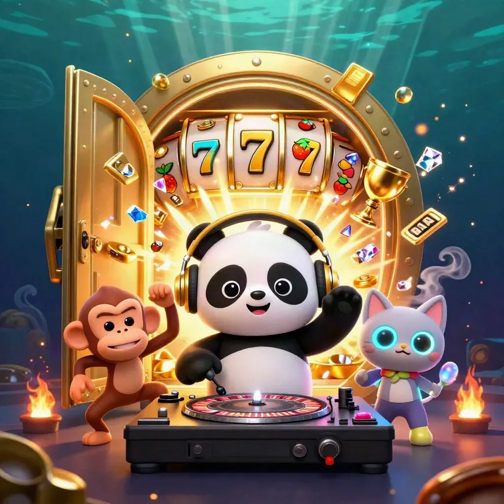 DJ panda, monkey, and glow-stick kitten burst from a treasure vault amid casino gold and neon light.