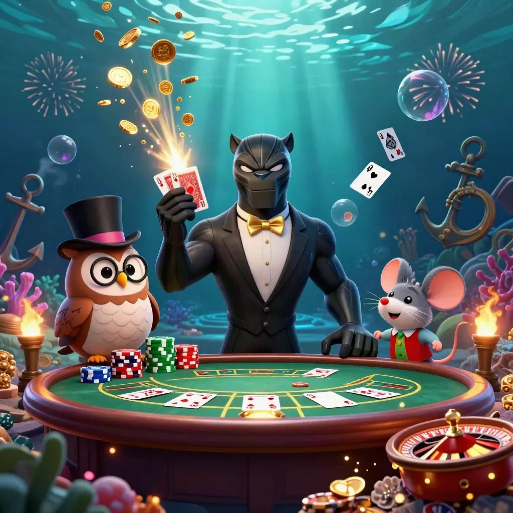Black panther, owl, and mouse in an underwater casino treasure burst with coins and cards
