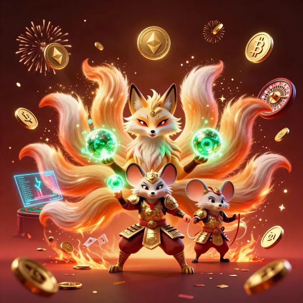 Nine-tailed fox and armored mouse amid casino coins, roulette wheel, cards, and fireworks