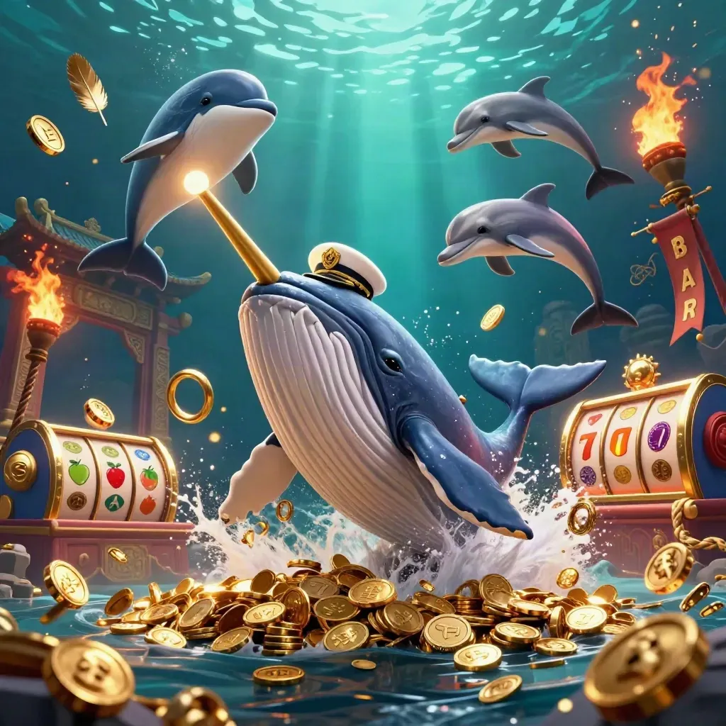 Captain whale, narwhal and dolphins burst through coins under torch-lit temple gates.