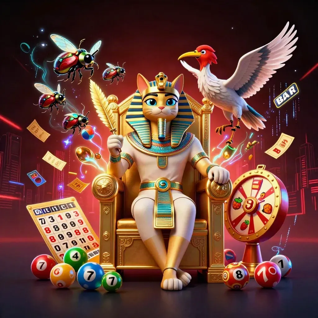 Pharaoh cat, ibis scribe, and gem-wing scarabs amid casino props and neon energy.