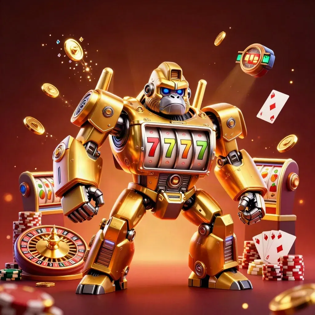 Golden gorilla mech with monkey pilot, coins, chips, roulette wheel, and glowing casino effects.