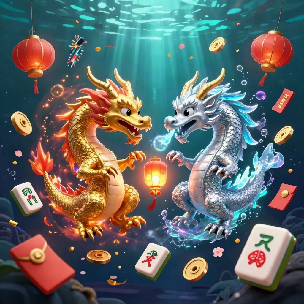 Gold and silver dragons form a yin-yang amid casino props in a glowing underwater night scene.