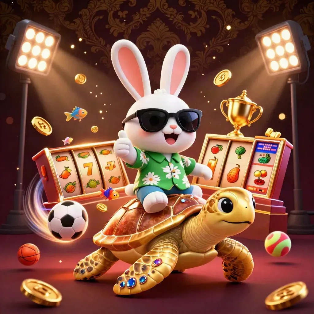 Lucky rabbit rides a golden turtle amid coins, reels, balls, and casino lights.