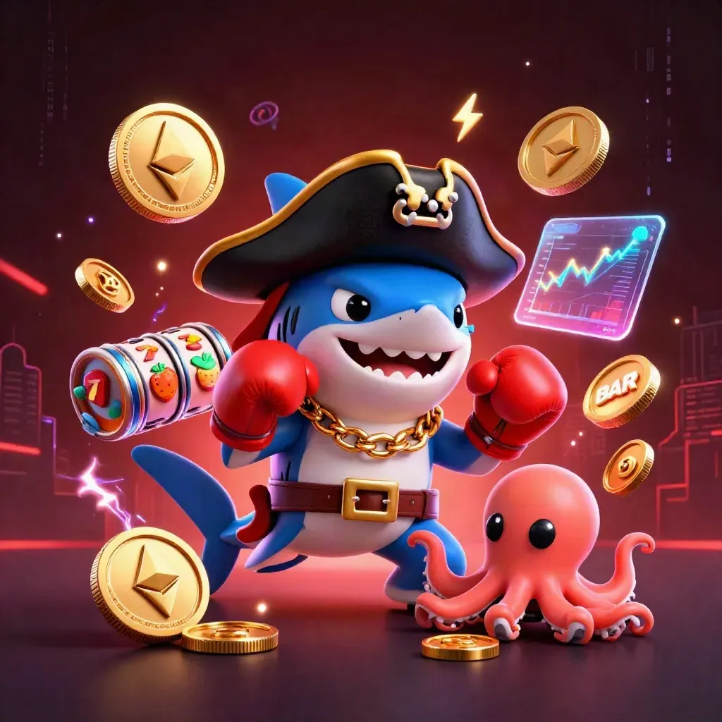 Pirate shark, boxing pufferfish, and juggling octopus amid neon casino coins and energy bolts.