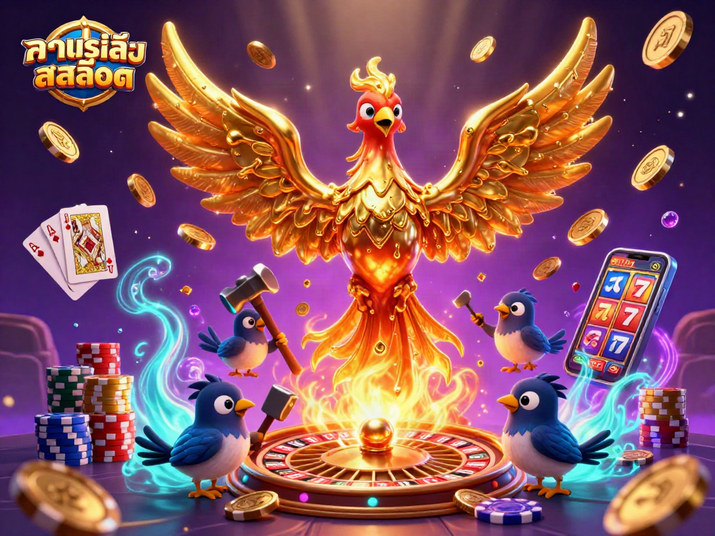 Engage in ทดลองเล่นสล็อต with an exciting 3D illustration of a molten phoenix and casino elements, creating vibrant luck.