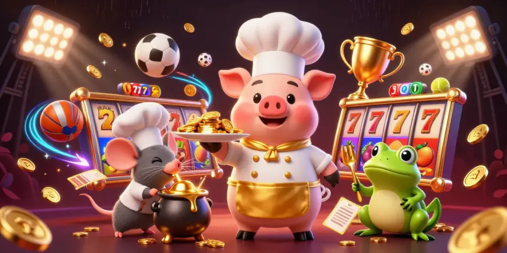 Permainan slot 777 yang menguntungkan dengan karakter lucu, emas, dan elemen casino