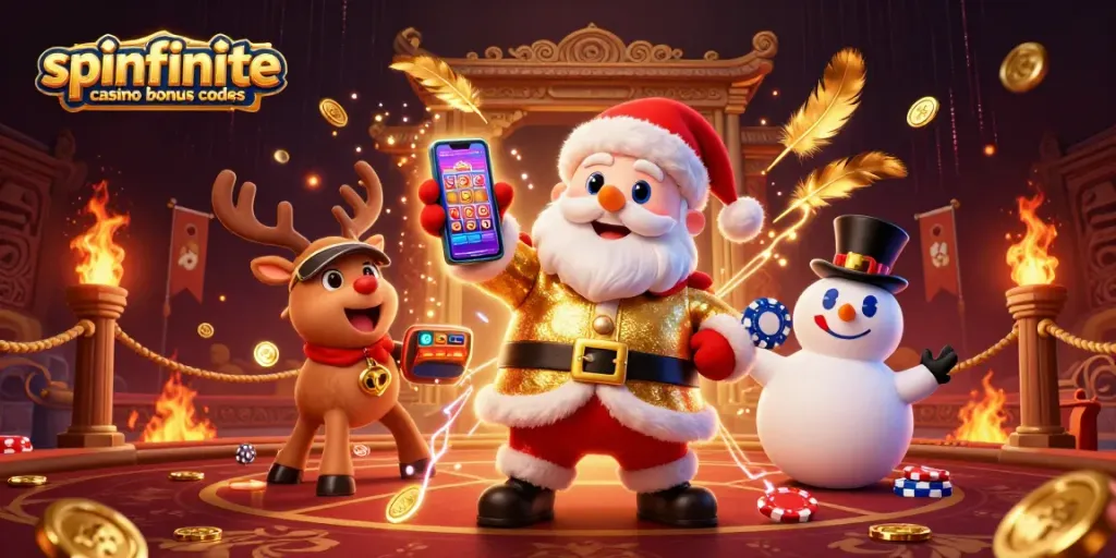 Engage with spinfinite casino bonus codes while enjoying a vibrant casino scene filled with festive characters.