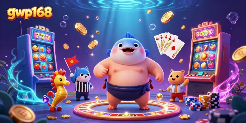 GWP168 menghadirkan suasana kasino dengan ikan fugu besar dan elemen permainan menarik.