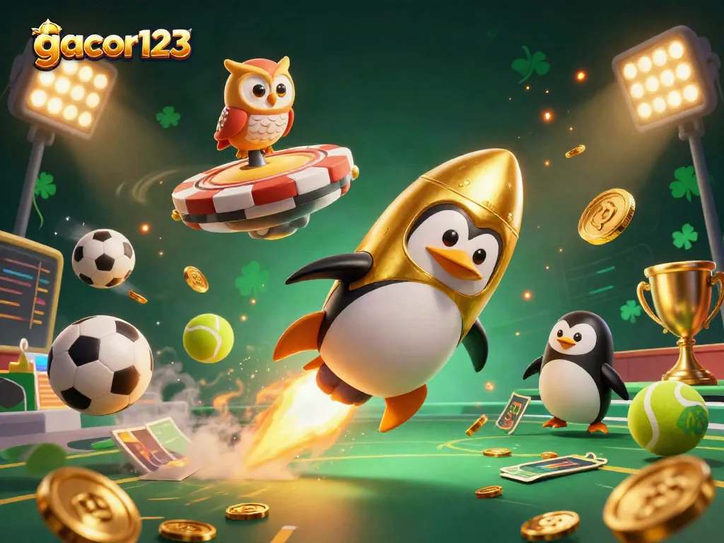 Engage with gacor123, where a dynamic golden penguin heads towards a poker chip casino in a vibrant 3D scene.