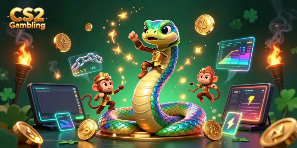 Engage in CS2 Gambling with vibrant 3D characters, Bitcoin coins, and blockchain elements.