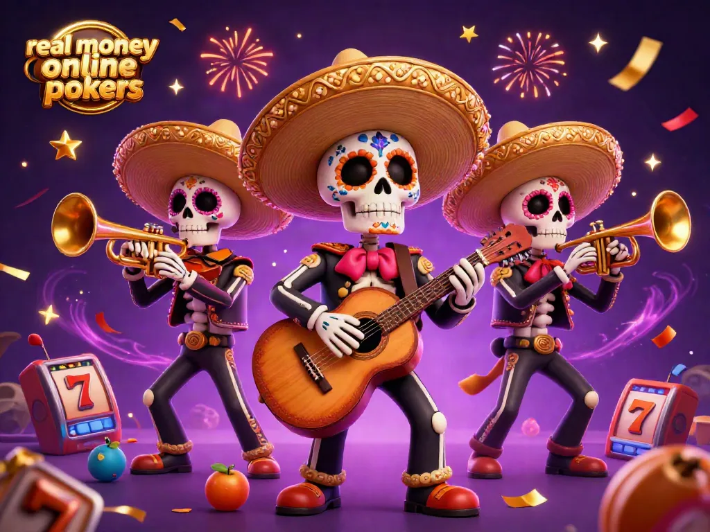 Play real money online pokies with a vibrant illustration of a mariachi band amidst slot machines, jewels, and confetti.
