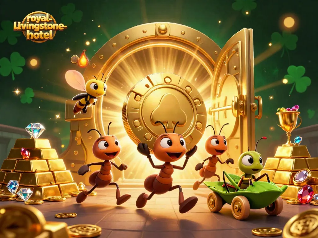 Tim semut 3D mencuri chip poker raksasa di royal-livingstone-hotel, dikelilingi harta karun.