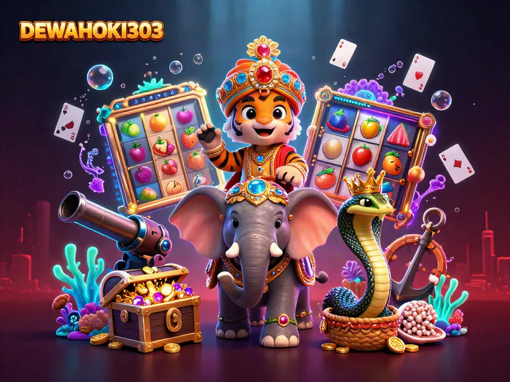 DEWAHOKI303 memimpin petualangan jackpot dengan simbol slot dan koin emas yang melimpah.