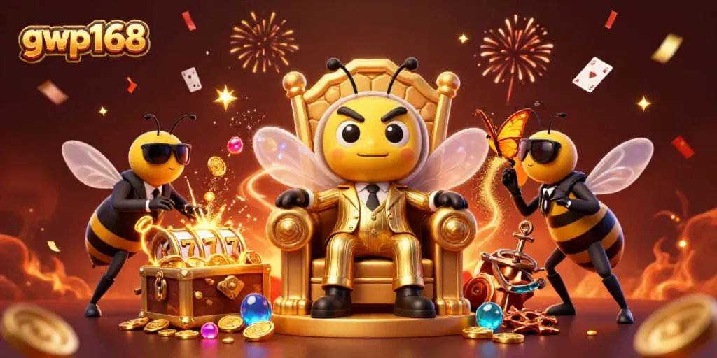 GWP168 menampilkan boss lebah 3D di ruangan berwarna emas dengan slot dan harta karun fantastik.
