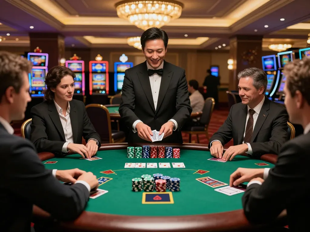 33win blackjack action with dealer presenting cards and players engaged at an upscale casino table