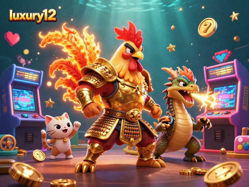 Karakter luxury12 dalam pertarungan ayam menggambarkan keseruan kasino dengan slot dan koin yang bersinar.