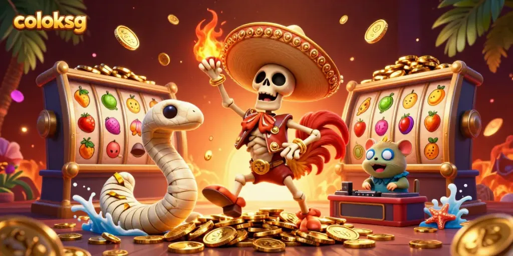 Coloksg mainkan slot dengan karakter unik di tumpukan koin emas.