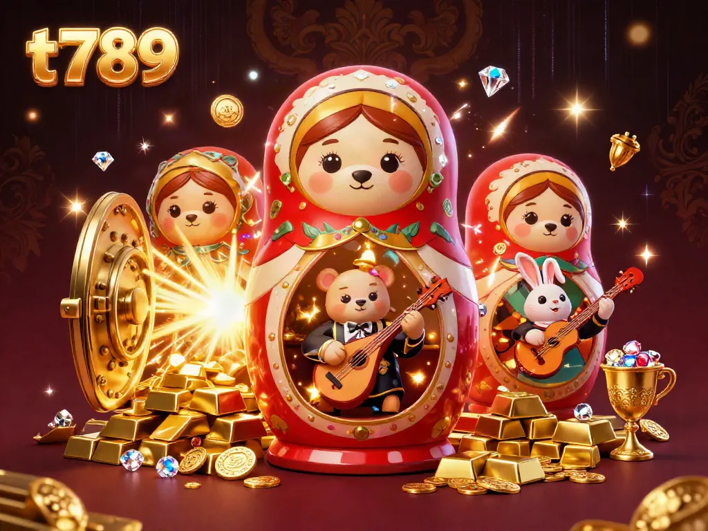 Experience the thrill of t 789 with vibrant visuals of bears in casino outfits amidst golden treasure.