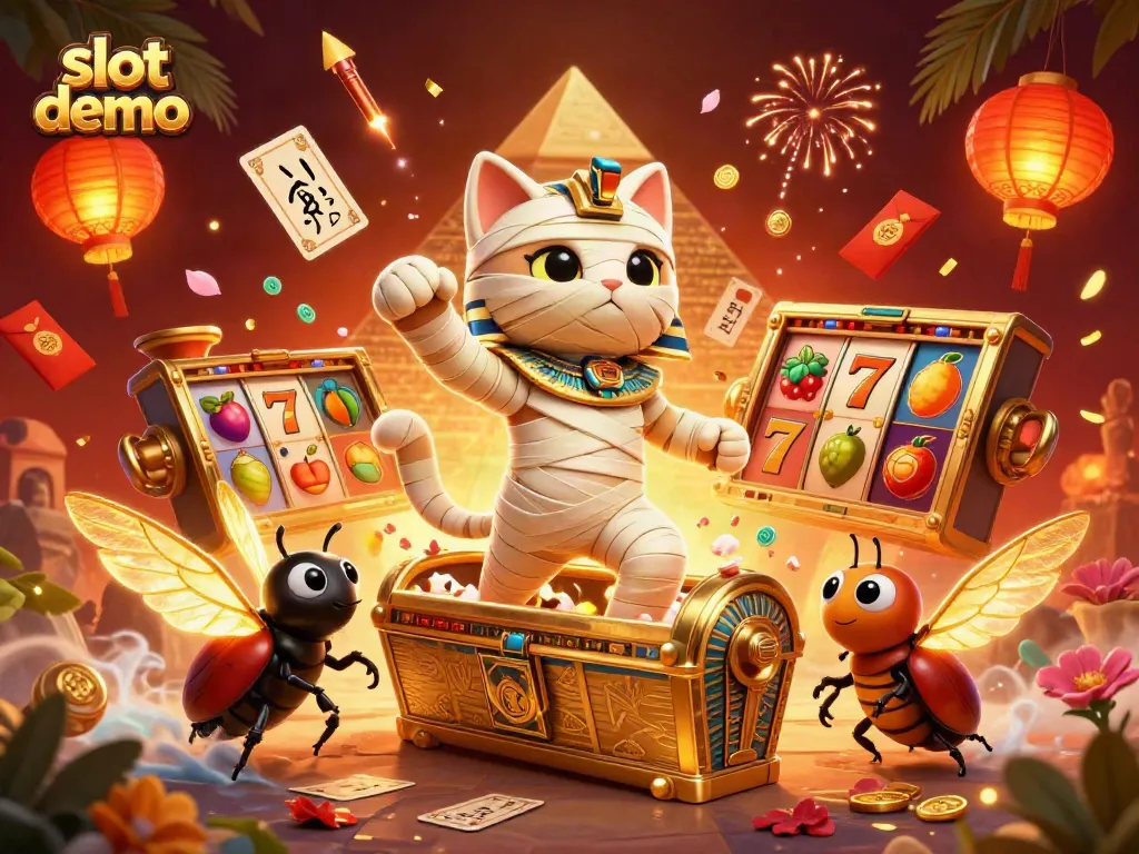 Menggunakan slot demo, kucing mumi 3D beraksi di kasino piramida dengan simbol keberuntungan.