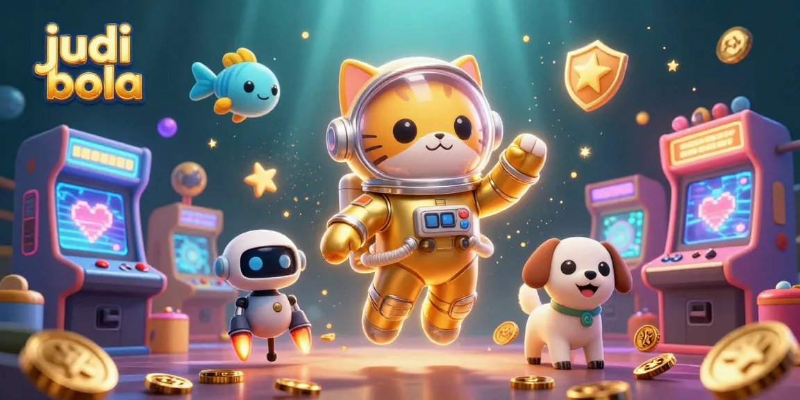 Engage in judi bola as our astronaut cat navigates a vibrant gaming cosmos full of fun elements.