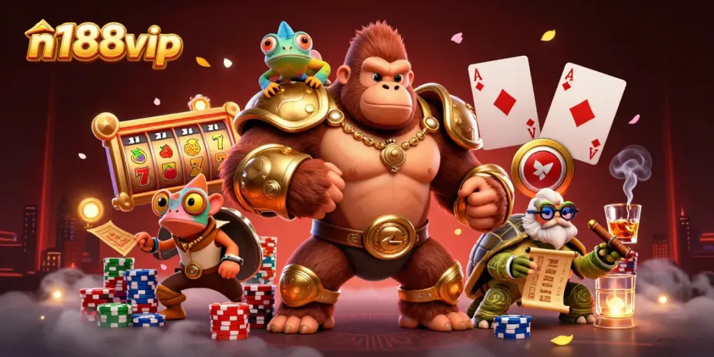 Experience the excitement of n188vip with a dynamic 3D gorilla, chameleon, and tortoise in a casino setting.