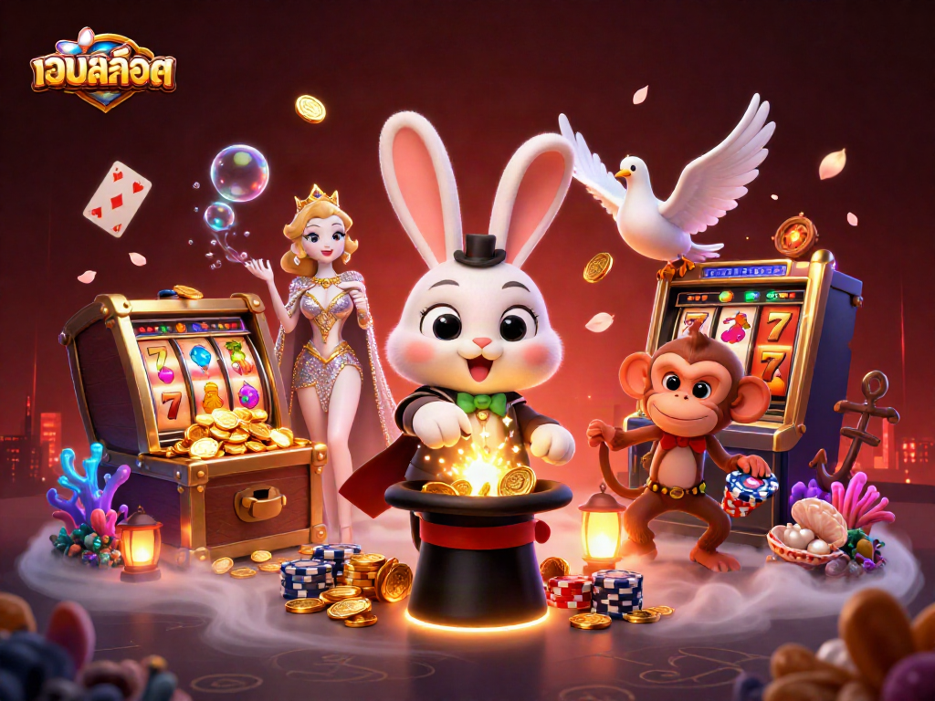 Spin to win with เว็บสล็อต: Experience the magic of a cartoon rabbit, dove, and monkey in a vibrant casino adventure.