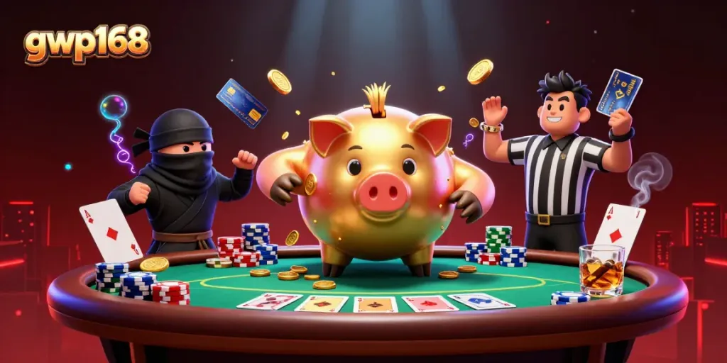 Mengguncang koin emas, karakter gwp168 si pegulat sumo menonjol bersama ninja dompet dan wasit samurai kartu