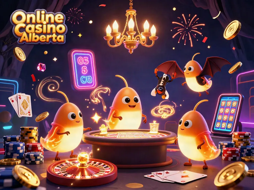 Experience the excitement at Online Casino Alberta with animated glowworms lighting a vibrant cave casino.