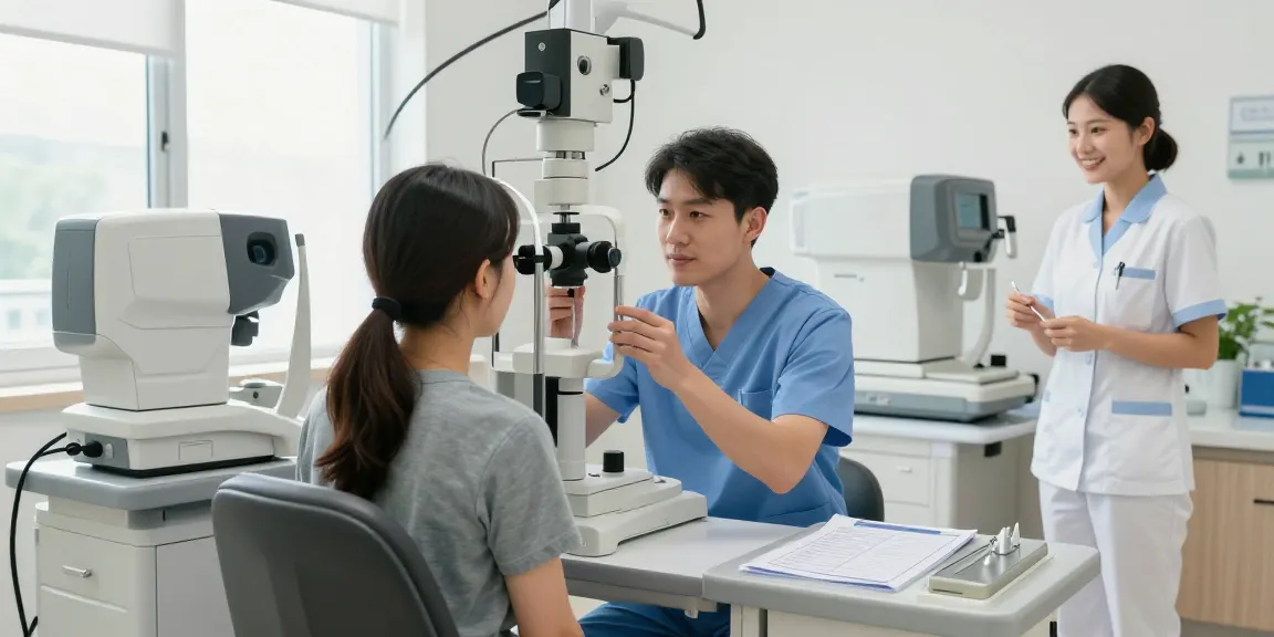Advanced eye care at SNU Eye Clinic, featuring a surgeon examining a patient with sophisticated equipment.