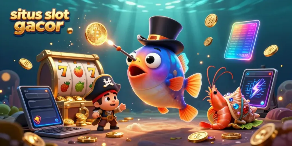 Menangkan peluang dengan situs slot gacor, ikan pemancing dalam topi menghias koin emas dan simbol buah di bawah laut.