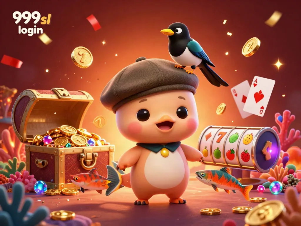 Experience the thrill of gaming with 999sl login where playful characters explore a vibrant underwater casino adventure.