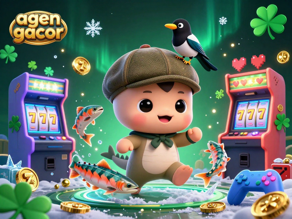 Celebrate winnings with agen gacor in this vibrant casino-themed illustration featuring playful characters and slot reels.