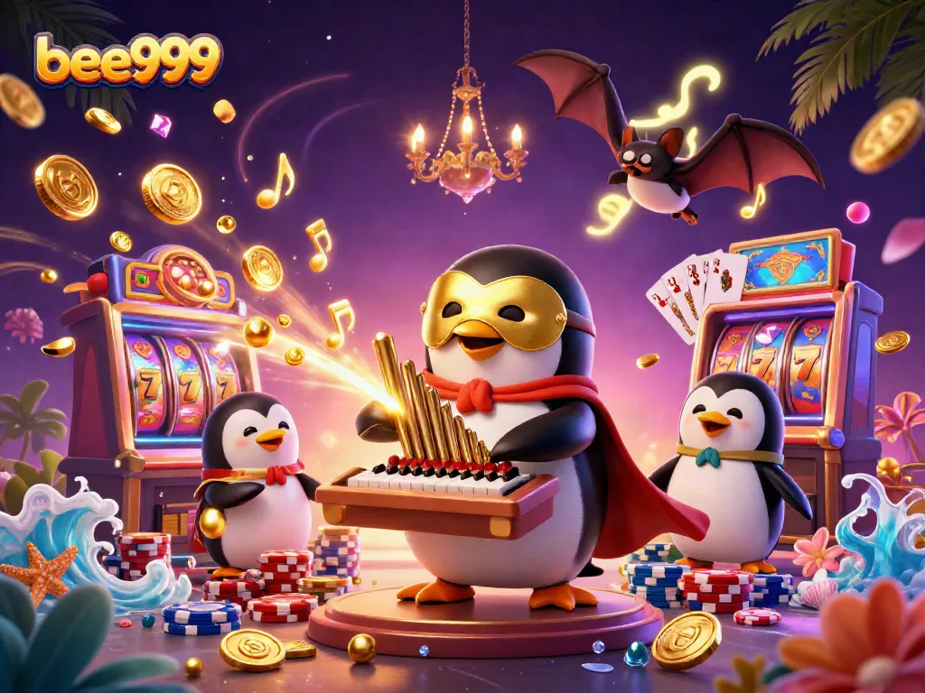 Experience excitement with golden coins cascading from the bee999 organ while vibrant games surround it.