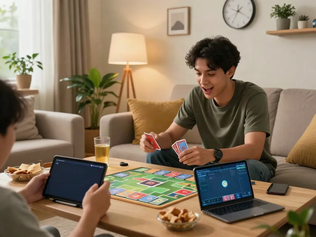 Engaged player enjoying Rumble Rummy on their smartphone in a cozy living room.