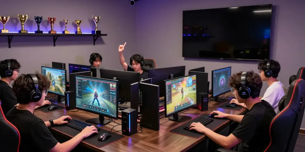 Engaged players in a lively Singatoto login gaming environment, showcasing desktops and tech.
