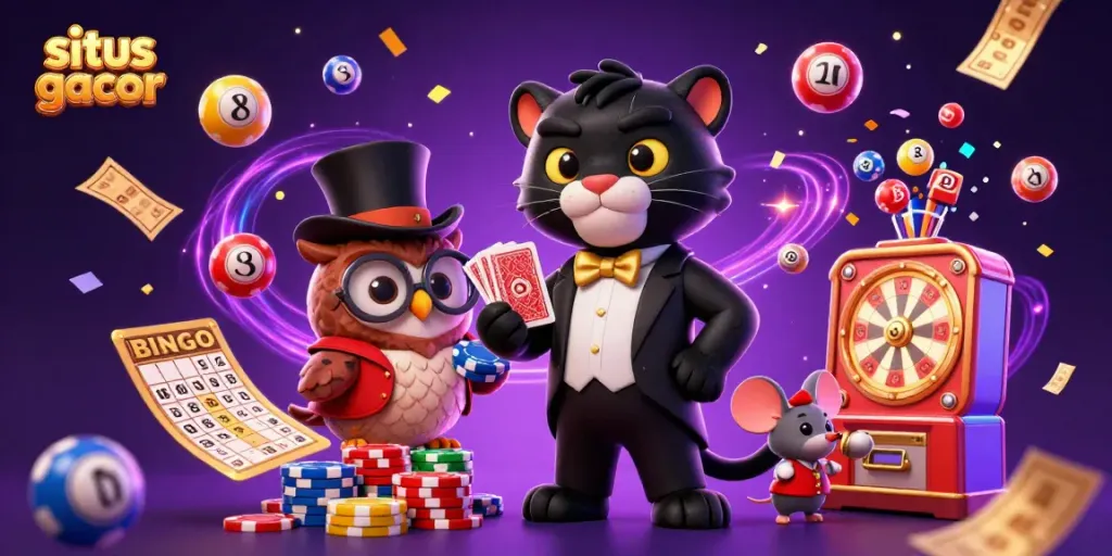 Experience excitement with situs gacor, featuring vibrant 3D characters amid rich casino elements.