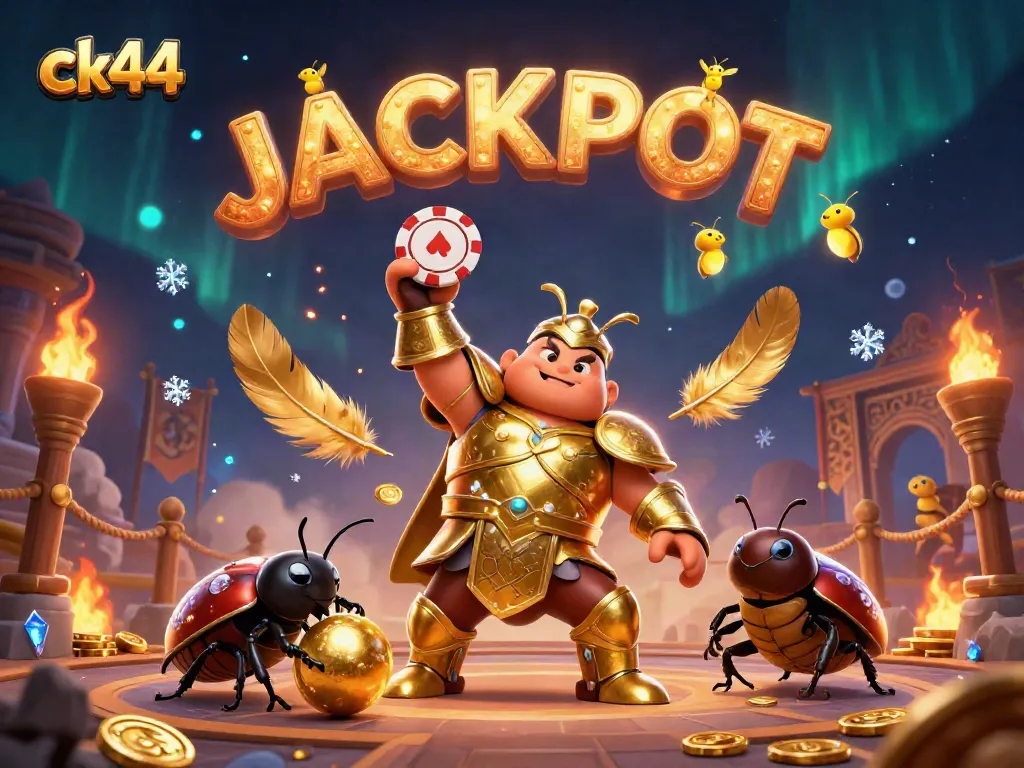 Experience ck44 gaming excitement as a heroic beetle lifts a poker chip amidst a vibrant casino scene.