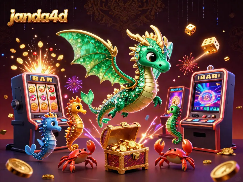 janda4d merayakan jackpot dengan naga laut dan peti harta karun yang megah
