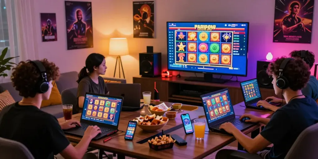 Engaged players enjoying a slot game in a cozy gaming room, showcasing excitement and colorful graphics.