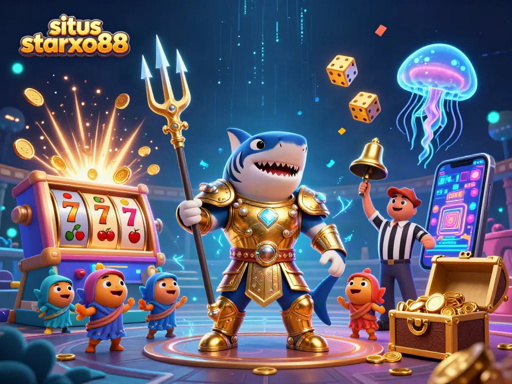Experience thrilling gaming at situs starxo88 with a dynamic 3D underwater casino adventure featuring a golden gladiator shark.