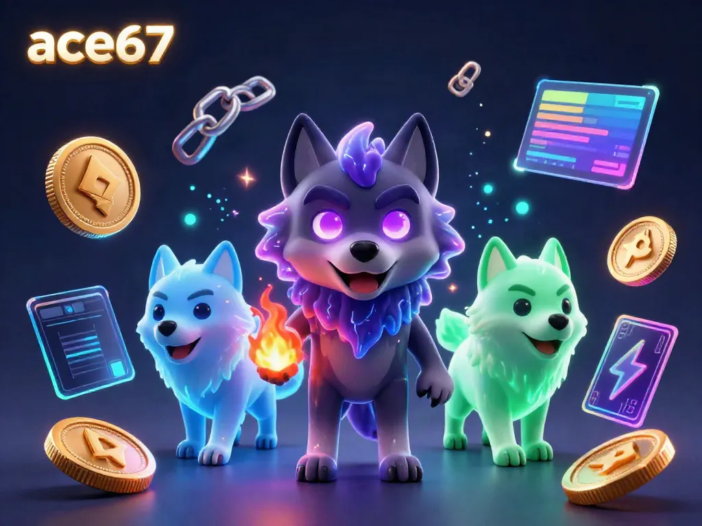 Win big with ace67 in this vibrant casino-themed digital illustration featuring ghostly wolves.