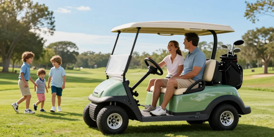 Family enjoying a custom golf cart for sale at a sunny golf course.