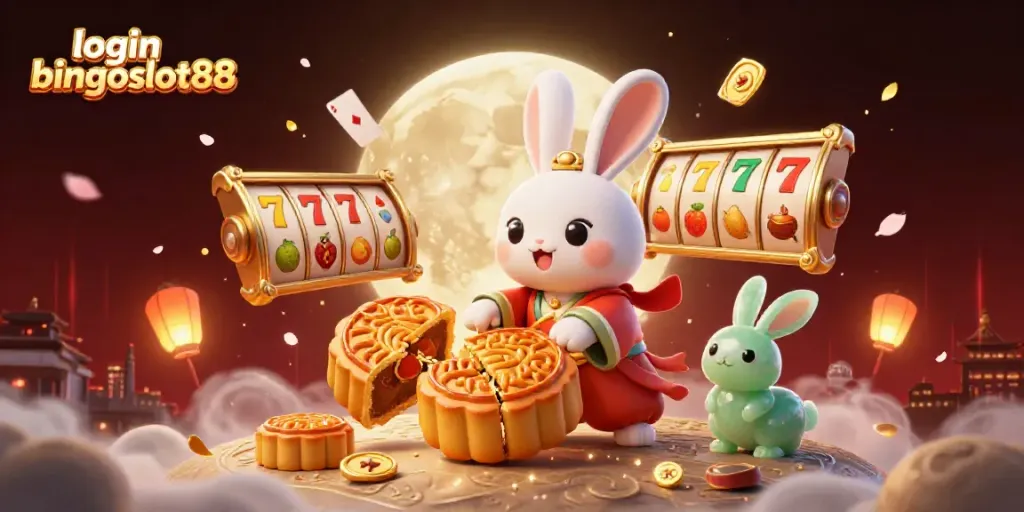 Login bingoslot88 menampilkan ilustrasi digital detail 3D kucing bulan tradisional sedang bermain slot emas.