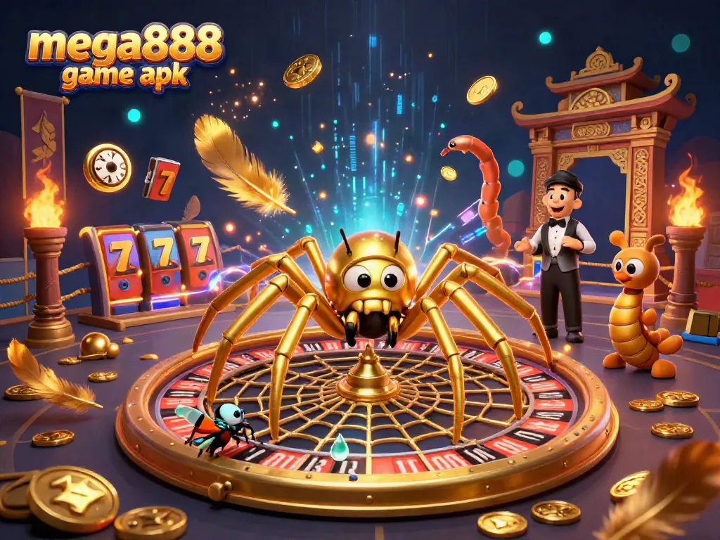 Engaging mega888 game apk scene featuring cartoon characters and vibrant casino elements in a dynamic composition.