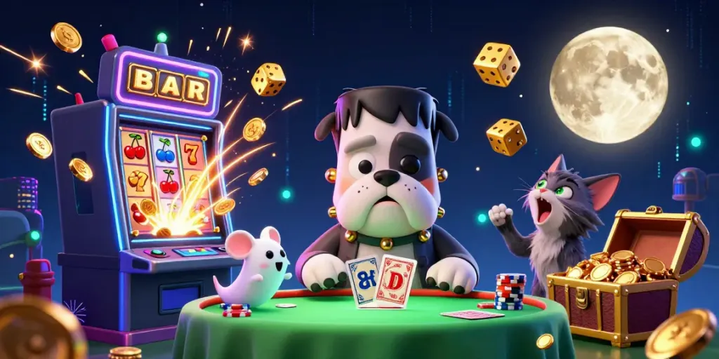 Mainkan judi di meja kasino dengan gadsdenhealth, dikelilingi monster dan slot yang bersinar.