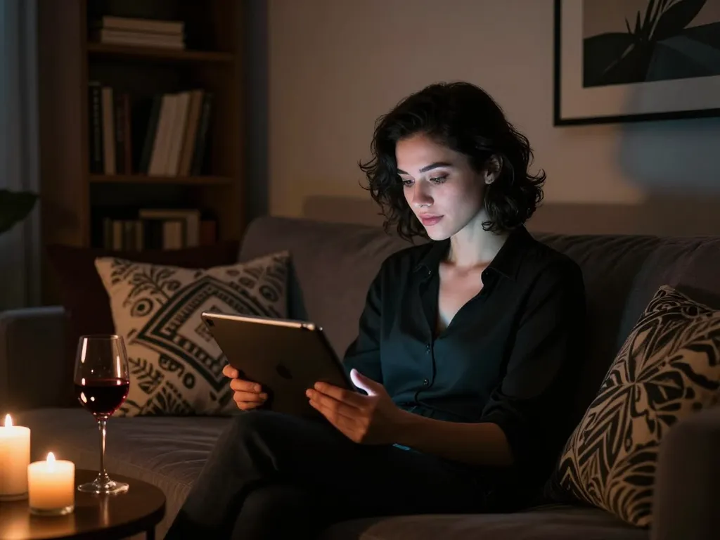 NSFW AI chat interaction on a sleek tablet in an intimate setting