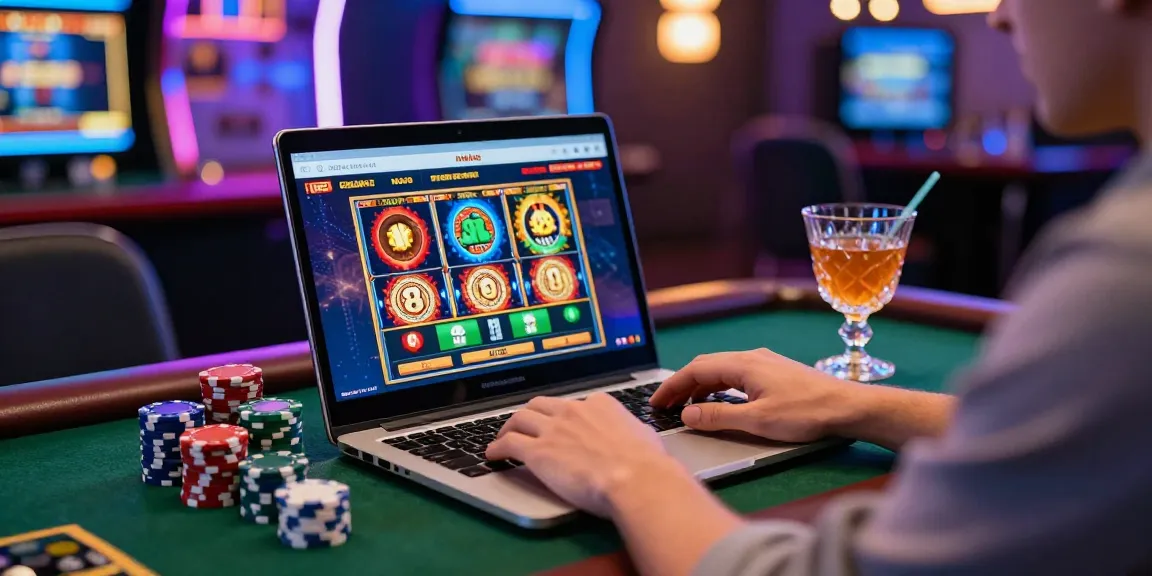 Excited player enjoying credit card casinos on a laptop with vibrant gaming interface and casino chips.