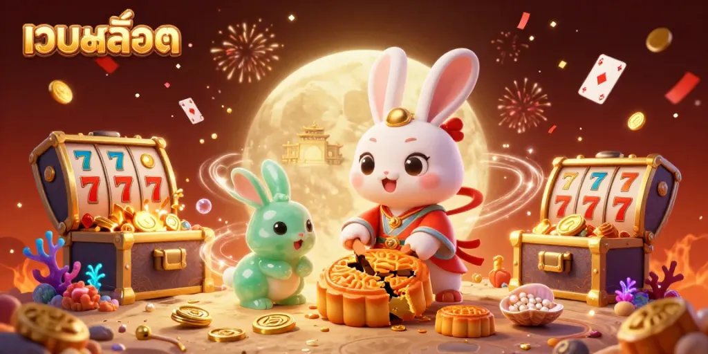 Engage in เว็บสล็อต visuals with a whimsical moon rabbit revealing poker chips amidst celebratory elements.
